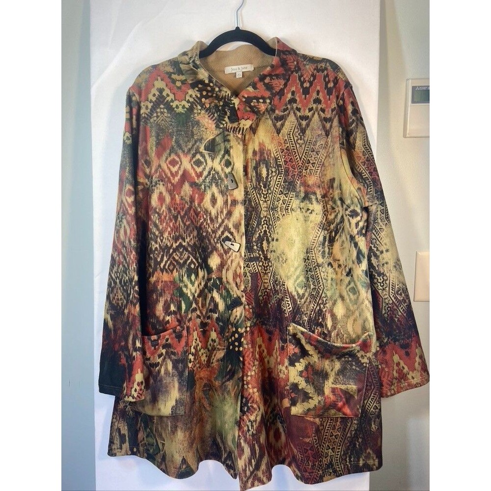 JESS and JANE WOMENS XLARGE AZTRC PRINT BUTTON UP CARDIGAN WORKWEAR